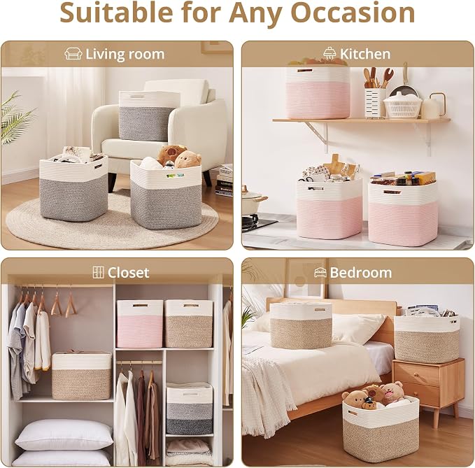 OIAHOMY 13 Inch Cube Storage Bins, 3-Pack Cotton Rope Woven Baskets for Organizing, Insert Storage Baskets for Shelves, Baby Nursery, Closet Organizer, 13 * 13 * 12.6IN, Pink & White
