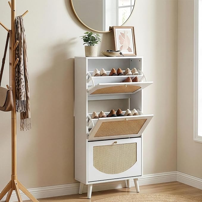 Karl home White Rattan Shoe Cabinet, 3-Tilt-Out Entryway Storage Organizer | Hidden Shoe Rack with 3 Tilt-Out Compartments for Heels, Slippers and Casual Shoes, Space Saving Entryway Furniture