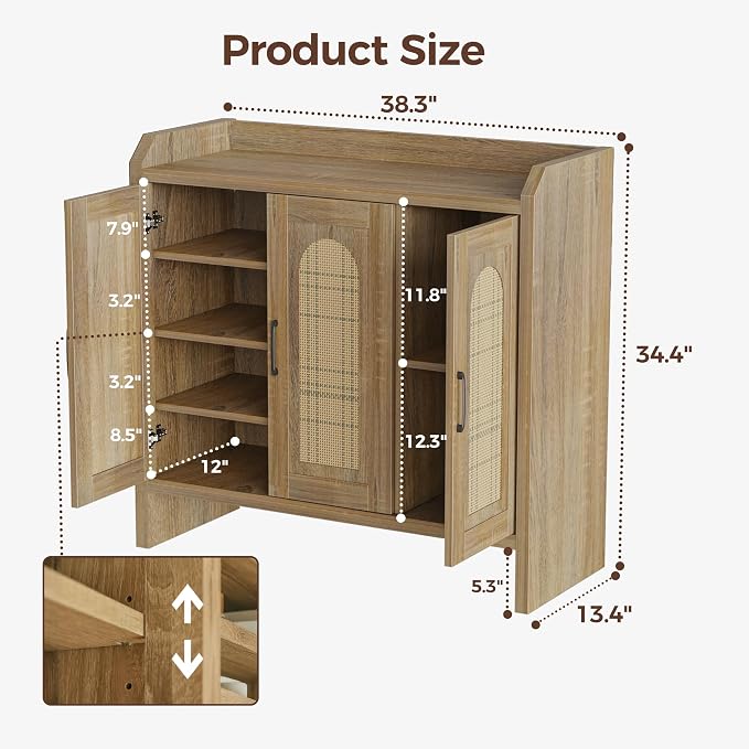 Mericonia Rattan Shoe Storage Cabinet, Farmhouse Shoe Cabinets Storage for Entryway, Boho Wooden Shoe Rack with 3 Doors for Entryway, Hallway (Natural, 3 Door)