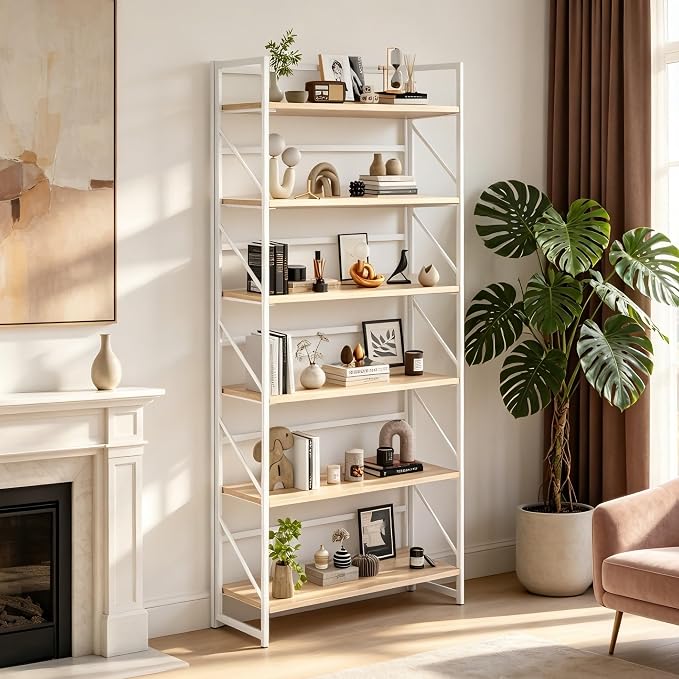 JSB 6 Tier No Assembly Folding Bookshelf, 30.7" Wide Foldable Storage Bookcase for Home Office, Space-Saving Storage Shelf for Living Room (White)