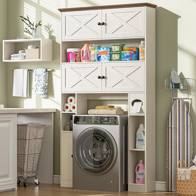 Over The Toilet Storage Cabinet, Farmhouse Storage Over Toilet with 4 Barn Doors & Adjustable Shelf, Space Saving Bathroom Organizer with Toilet Paper Holder Stand for Bathroom, Laundry, Rustic White