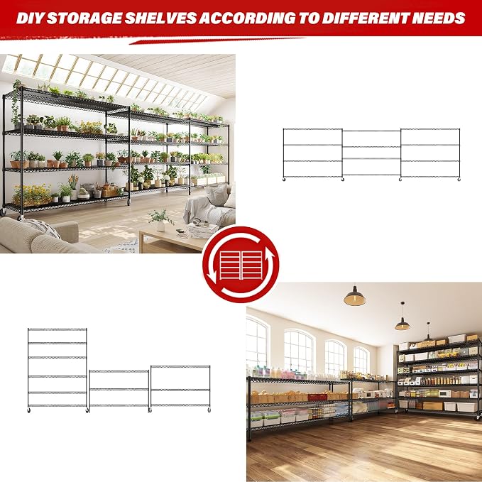 REIBII 82.6" H*60''W*17.7" D Steel Heavy Duty Wire Shelving with Wheels, 6-Tier Adjustable Storage Shelves 3598LBS Commercial Metal Shelves for Pantry, Garage, College Dorm School Industrial Shelving