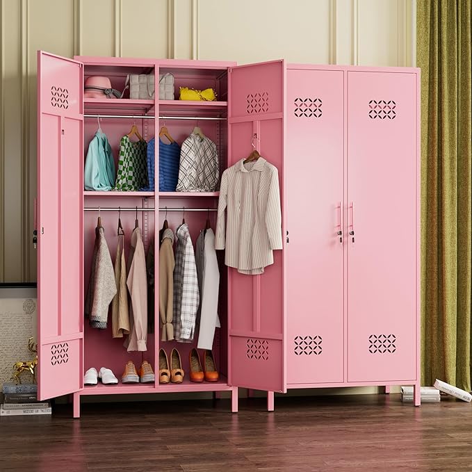 METAN 71" H*33.5" W*20" D Metal Wardrobe Closet with Lock,Extra Deep 2 Doors Metal Wardrobe Cabinet for Home,Assembly Required,Pink