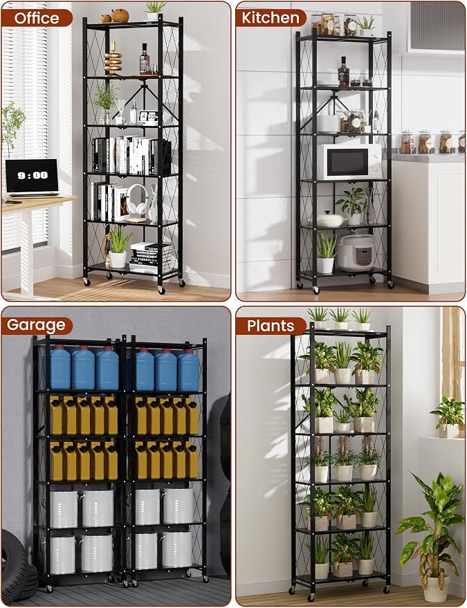 ALANNG 73.6 Inch Folding Bookshelf, 6 Tier Metal Bookcase and Bookshelves | Tall Shelves for Living Room Office Bedroom, Heavy Duty Book Shelve Free Standing Open (Black, 4PACK)