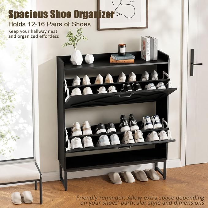 Nicetree Shoe Cabinet Storage for Entryway, Slim Shoe Storage Cabient with 2 Flip Drawers, Narrow Vertical Shoe Rack Cabinet with Metal Hooks, Small Space Solution for Hallway, Black