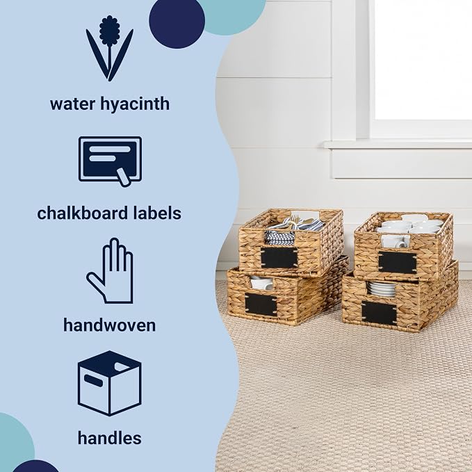 happimess Lane Hyacinth Wicker Pantry Baskets 9"x12"x5", Natural, Set of 4 | Handwoven Decorative Seagrass Containers, Chalkboard Labels, Built-In Handles, Classic Farmhouse Style, Iron Metal Frame