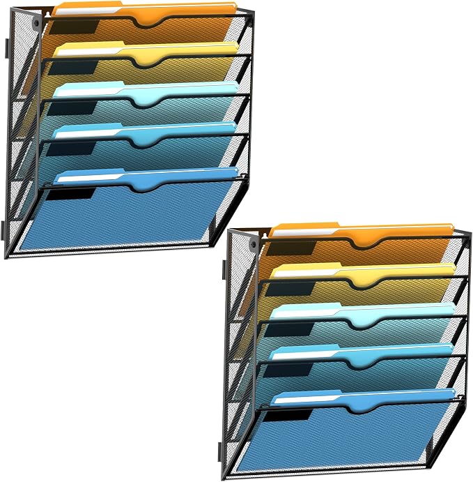 SUPEASY 5-Tier Wall File Holder Organizer with Hooks, Mesh Hanging File Organizer, Mail Organizer Wall Mounted for Papers, Folders, Office Magazine Rack, Black, 2Pack