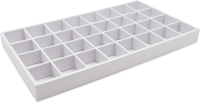 The Display Guys - Stackable Jewelry Tray and Organizer - for Drawers, Dressers, Store Display (32 Compartments, White Burlap)