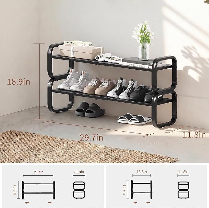 2 Tier Shoe Rack - Expandable Shoe Organizer for Closet, Adjustable Metal Shoe Shelf Storage, Stackable Long Shoe Stand Holder for Garage, Entryway, Door Entrance