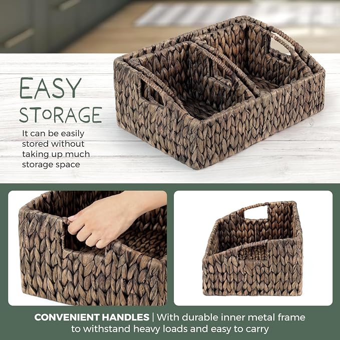 Set of 3 Handwoven Storage Baskets – Decorative Natural Wicker Organizer Bins with Built-in Handles for Bathroom, Kitchen, Pantry, Nursery, Closet, Laundry, Living Room, and Home Use