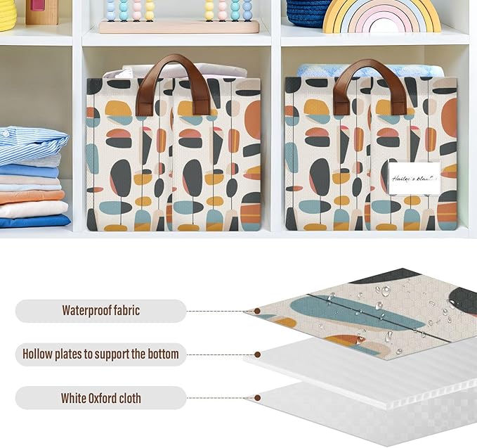 Geometric Mid Century Modern Storage Bins for Shelves with Labels&Handles Fabric Organizer Bin Foldable Rectangle Storage Basket Boxes for Closet, Bathroom, Home, Living Room