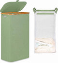 iEGrow 65L Slim Laundry Hamper, Narrow Laundry Basket with Lid,Foldable Clothes Hamper with Bamboo Frame,Hamper Basket with Removable Inner Bag for Laundry Room Bedroom College Dorm,17.17 Gals Green