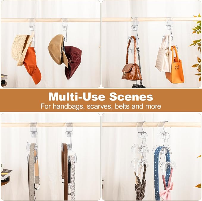 Clear Purse Hanger for Closet, 2 Pack Wardrobe Rod Vertical Hanging Handbag Organizer with 4 Holders, Keeps Bags Non-Crushed and Neatly Stored, Smooth Purse Storage Hooks, Easy Access