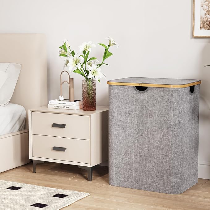 Lifewit 120L Laundry Basket with Lid, Clothes Hampers for Laundry with Bamboo Handles and 2 Removable Bag, Large Foldable Laundry Hamper for Bedroom, Bathroom, Dorm, Laundry Room, Light Gray