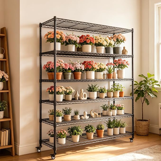 AIRAJ 46”W Storage Shelves with Wheels,6 Tier Wire Shelving,3600 LBS Metal Shelving Adjustable Layer Height,Garage Shelving Units for Kitchen,Pantry and Warehouse,Rolling Wire Rack,46”W×18”D×80”H