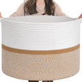 CHICVITA XXL Cotton Rope Woven Blanket Basket with Handles, White & Brown | Home decor storage basket for laundry, baby nursery, toys. Decorative toy bin, 22x22x14in