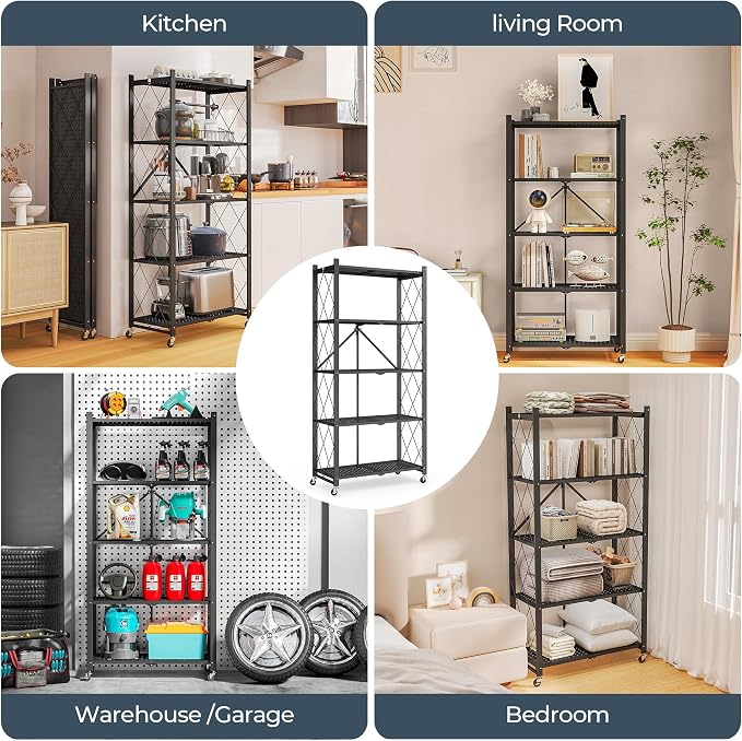 Fenbeli 5 Tier Storage Shelf with Wheels - Metal Collapsible Shelving Unit Display, Heavy Duty Folding Shelves, No Assembly Organizer Rack for Garage Kitchen, Basement, Pantry (Black, 5 Tier)