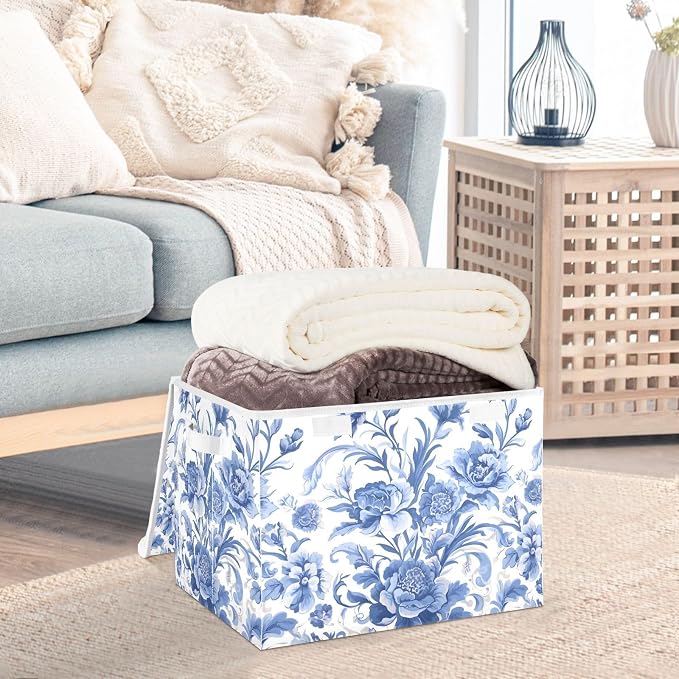 Flower Blue Lidded Storage Bins with Handles - 16.5"x12.6"x11.8" Foldable Organizing Box, Oxford Fabric & Honeycomb Board, Dust-Proof Flip Lid for Closet/Office