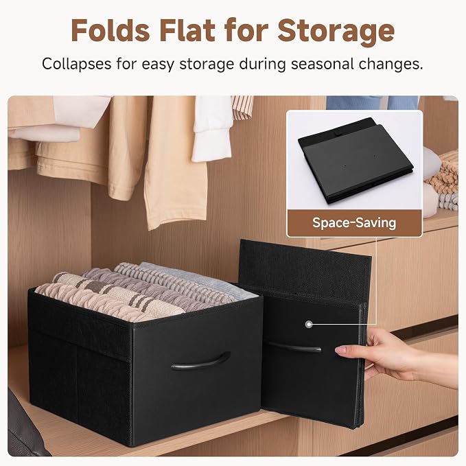 StorageWorks Black Storage Bins, Leather Front Fabric Storage Bins with Handles, Closet Organizers and Storage Bins, Organizer Baskets for Shelves and Closet, Collapsible Storage Baskets, 4-Pack