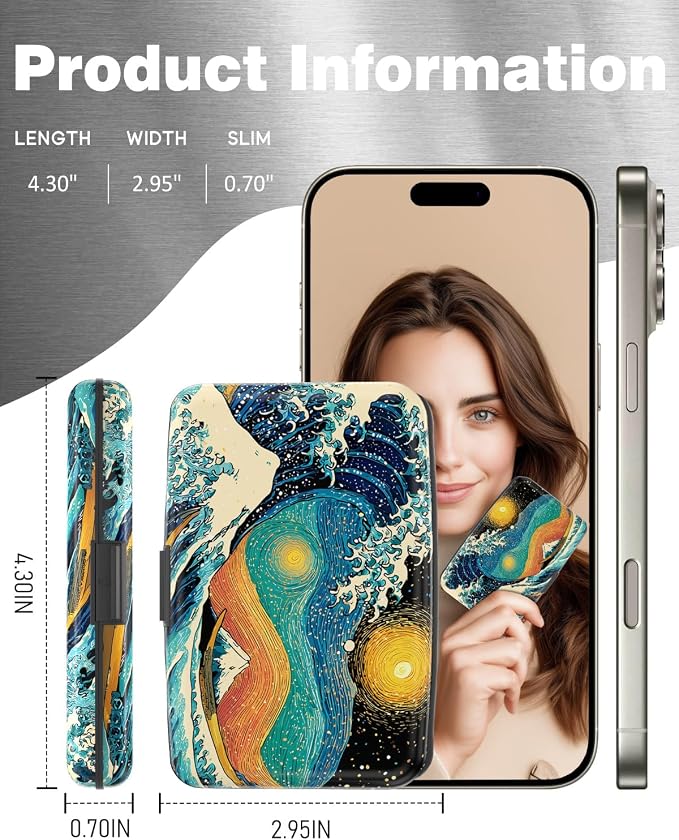 Maicican Credit Card Holder, Mini RFID Blocking Aluminum Wallet | Slim Metal Hard Case Travel Wallet ID Case for Women and Men, 4.3 x 2.9 Inches, Giant Waves
