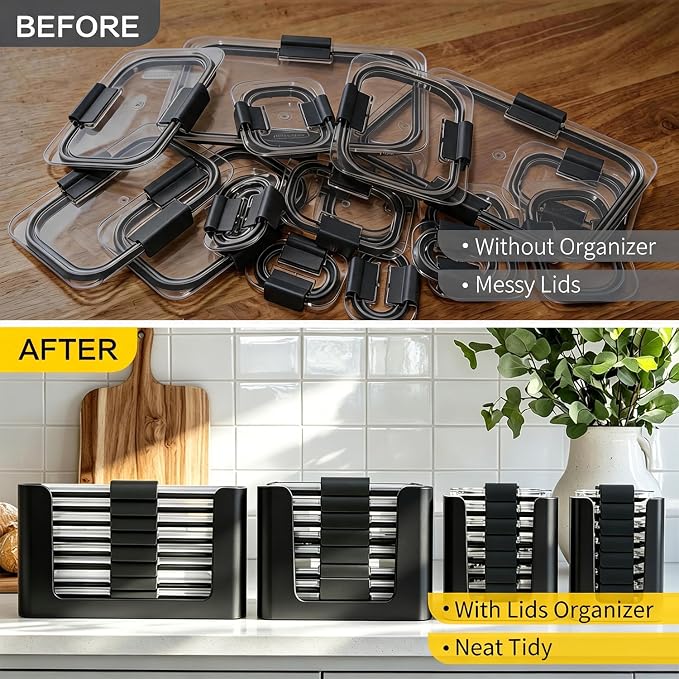 Food Storage Container Lids Organizer for Rubbermaid Brilliance Nap-On Lids,Stackable Food Storage Container Lid Organizer--Fits 0.5, 1.3, 3.2, 4.7 & 9.6 Cups--Holds 32 Lids(Black,4-Piece Bundle)