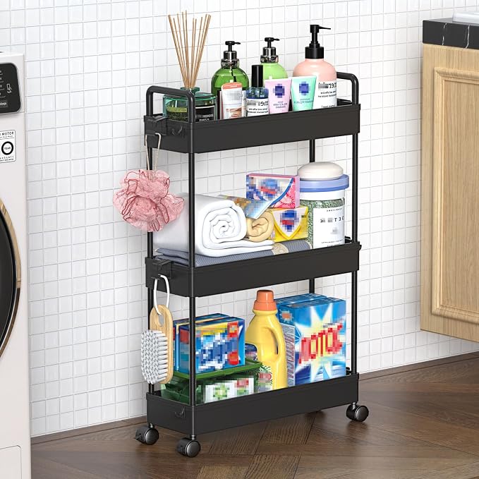 SOLEJAZZ Slim Rolling Storage Cart Skinny Bathroom Organizer, 3 Tier, Black | Thin utility cart with wheels for bathroom, laundry room, bedside, kitchen, dorm, office, next to fridge, small narrow places