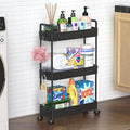 SOLEJAZZ Slim Rolling Storage Cart Skinny Bathroom Organizer, 3 Tier, Black | Thin utility cart with wheels for bathroom, laundry room, bedside, kitchen, dorm, office, next to fridge, small narrow places