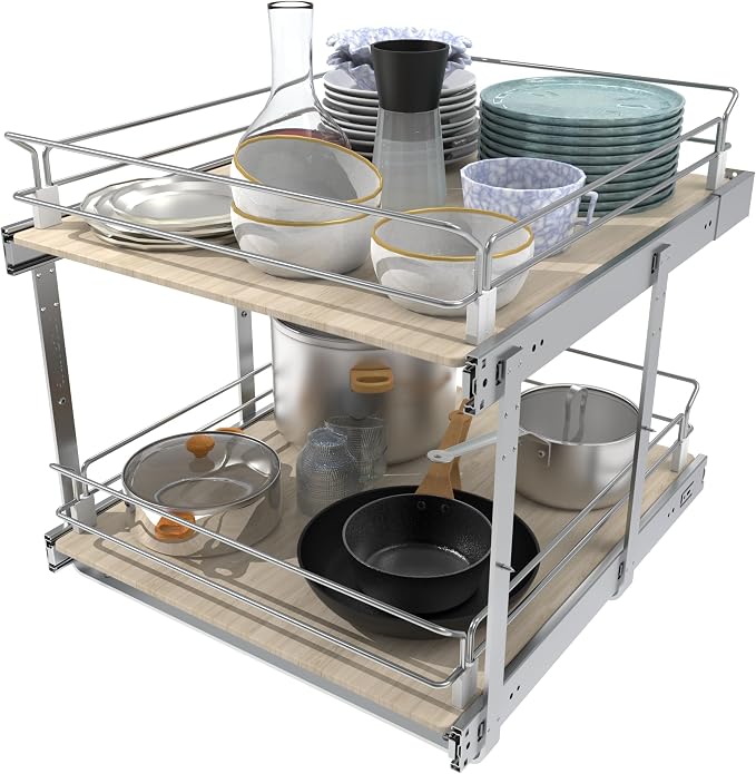 2 Tier Pull Out Cabinet Organizer 20.08" W X 22" D, Wood & Chrome | Full Slide Out Drawers For Kitchen Cabinets, Cabinets Capacity Heavy Duty Caddy, Cabinet Pullout Shelves , Pantry Storage
