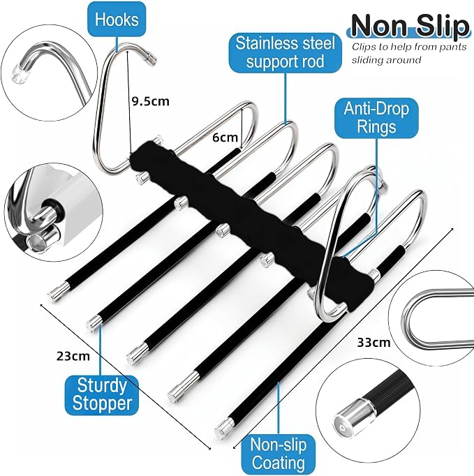 Upgrade Pant Hangers Space Saving, Non Slip Stainless Steel Multifunctional Pants Rack S-Type Clothes Pant Closet Hanger Organizer with Hooks for Pants Jeans Trousers Scarf Skirts (Onyx Black, 4 Pack)