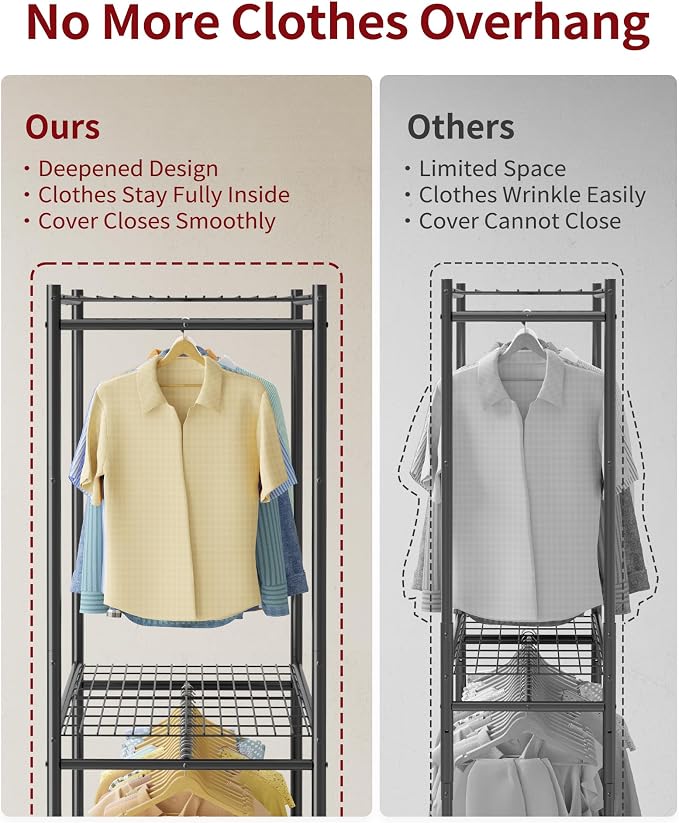 Sakugi Clothes Rack with Cover, Wardrobe Closet, 35.4"x17.7"x79.7", Iron | Bedroom, Dorm, Apartment, Open Front, Heavy Duty, Lockable Wheels, Rust-Resistant, Black