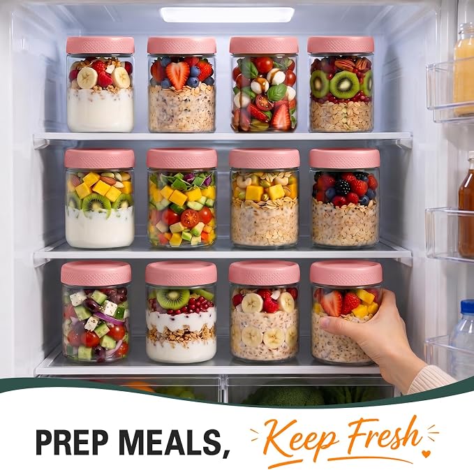 16 oz Overnight Oats Containers with Lids, Wide Mouth Mason Jars with Lids | 6 Pack Yogurt Containers with Lids, Air Tight Overnight Oats Jars for Salad, Reusable Glass Jar for Candy, Snack, Sugar, Jam