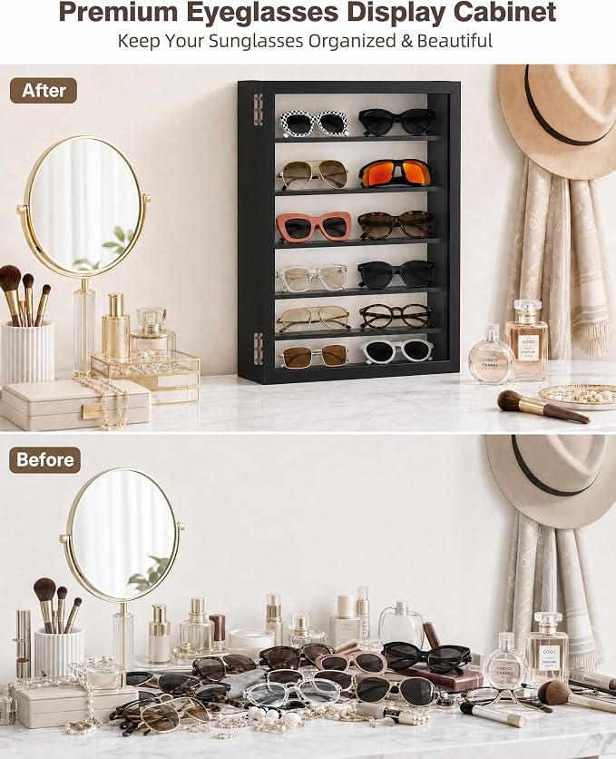 TJ.MOREE Sunglass Organizer Wall Mounted Glasses Holder Display Case 6 Tier | 13 x 15.6 inches Wooden Storage Box for Multiple Pairs Eyeglasses Sports Sunglasses