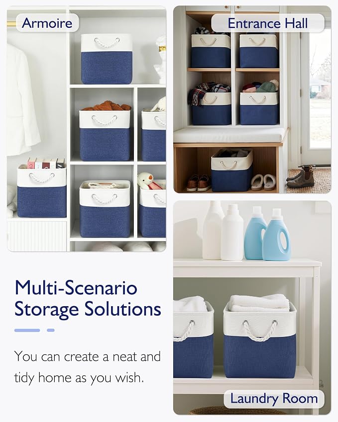 Patvingot 13x13x13 Cube Storage Bins,4 Pack Large Foldable Fabric Storage Cubes with Handles for Organizing Home, Closet, Shelf, Office(White&Blue)