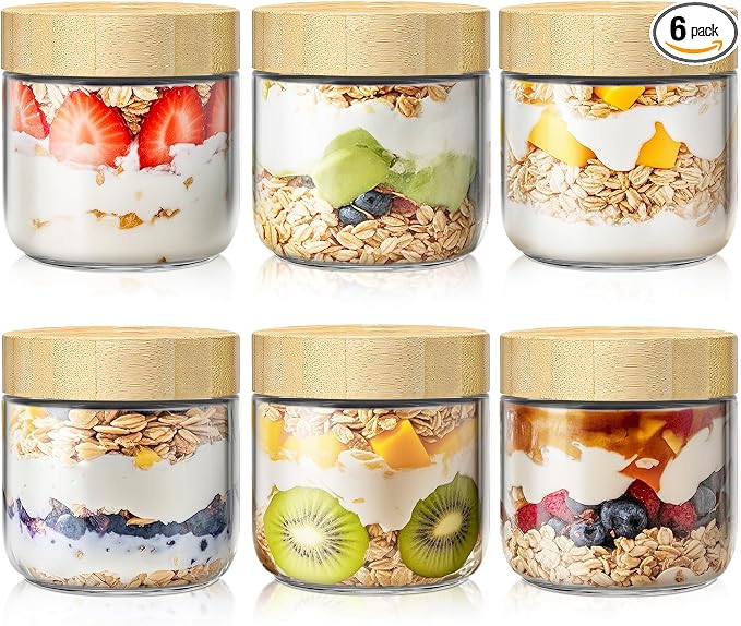 10 oz Overnight Oats Containers with Bamboo Lids, Glass Mason Jars 6 Pack | Airtight Seal Keeps Leakproof, Wide Mouth for Easy Filling & Cleaning, Ideal for Chia Pudding, Yogurt Parfaits & Meal Prep