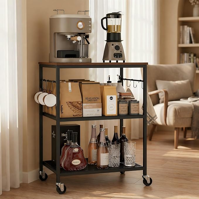 Homleke 3-Tier Rolling Kitchen Microwave Cart, Utility Cart | Coffee Bar Table Station with 6 Hooks, Small Appliance Storage Shelf, Rustic Brown and Black