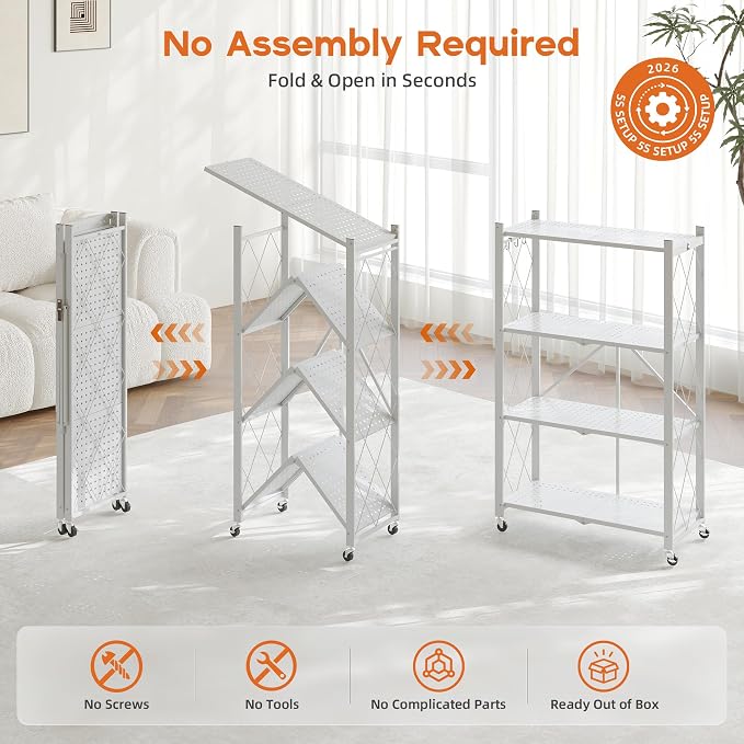 Fenbeli Foldable Shelves with Wheels - 4 Tier Folding Shelf, Collapsible No Assembly Metal Shelving Unit, Origami Storage Shelves & Rolling Storage Rack with 8 Hooks for Kitchen Pantry Garage