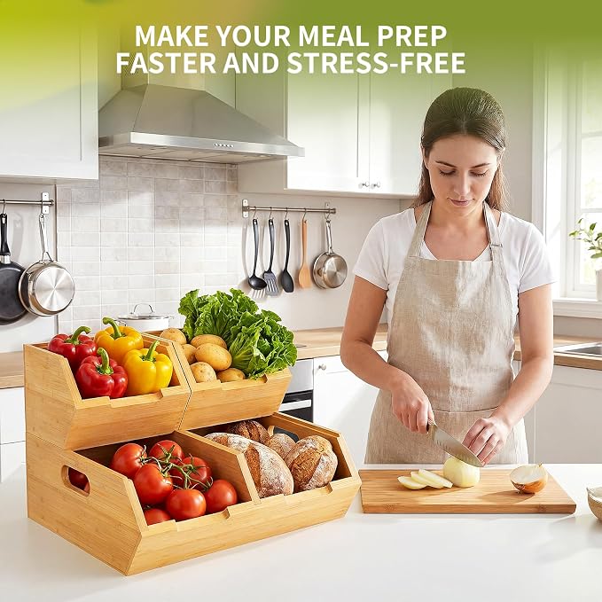 Bamboo Pantry Storage Bins, Potato and Onion Storage Bin for Countertop, Pantry Organizers and Storage Bins for Vegetables