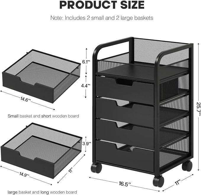 Makeup Organizer Cart with 4 Drawers, Vanity Storage Drawer Carts with Dividers, Nail Cart Organizer Cosmetic Display Cases Cabinet for Skin Care, Nail Polish, Perfume, Black