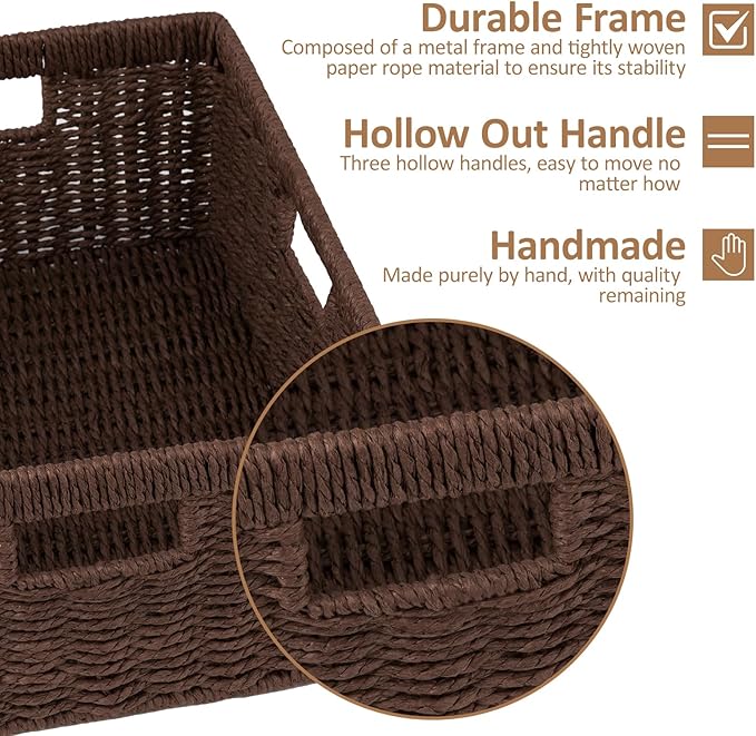 OIAHOMY Wicker Storage Basket, Rectangular Paper Rope Shelf Baskets with Built-in Handles, Woven Decorative Organizer for Pantry, Shelves, Living Room and Bathroom, 1-Pack Brown