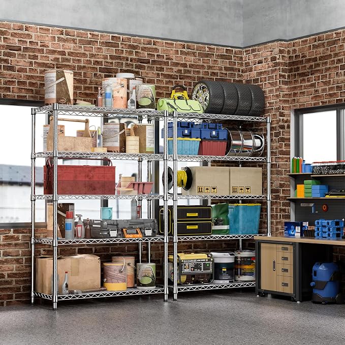 18"in Deep Heavy Duty Industrial Metal Garage Shelving for Laundry Storage | 5-Tier 1750 LBS Chrome Storage Racks and Shelving, 17.7" D X 47.2" W X 72.3" H Storage Rack for Garage, Workshop