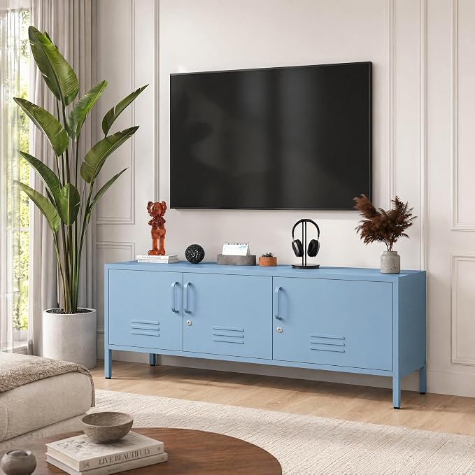 Metal Storage Cabinet-22"Tall Steel TV Stand Cabinet Adjustable Shelves storage locker Lockable Blue Metal Cabinet for Home Office Bedroom Living Room Balcony Entryway Size：22" H X 47.3" W X 13.8" D