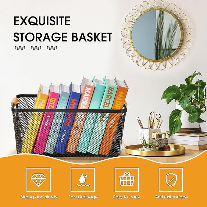 Ziliny 4 Pcs Metal Mesh Wire Baskets with Wooden Handles for Organizing, Pantry Organizers and Storage Steel Bin Kitchen Baskets for Fruit Potato Onion Snacks Bathroom Cabinet(Extra Large,Black)