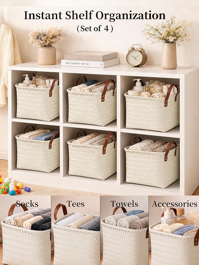 Hand Woven Baskets for Storage, 4Pcs Water-Resistant Wicker Baskets, White Wicker Storage Baskets for Shelves, Large Basket with Handle for Organizing, Clothes, Laundry, Blanket - Square