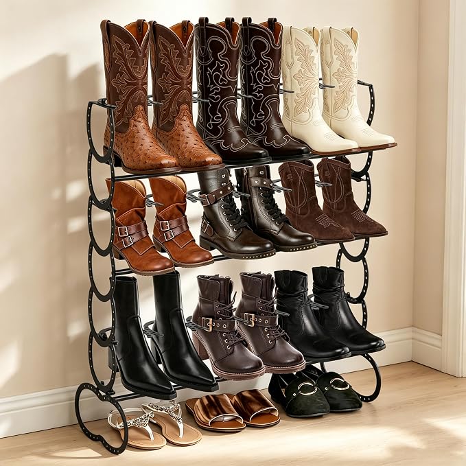 Cowboy Boot Rack 9 Pairs Horseshoe Boot Rack Cowboy Boots Storage Organizer Rustic Horseshoe Gifts Farmhouse Decor for Western Style Lovers Entryway Accessories (Three Level)