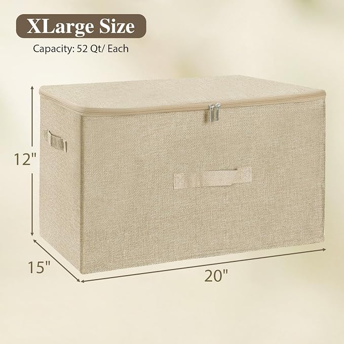 ANMINY 2PCS Storage Bins with Zipper Lids 51.9 Qt Lidded Fabric Storage Boxes Baskets Cubes with Handles Collapsible Washable Cotton Linen Closet Shelf Clothes Organizer - Beige, Extra Large