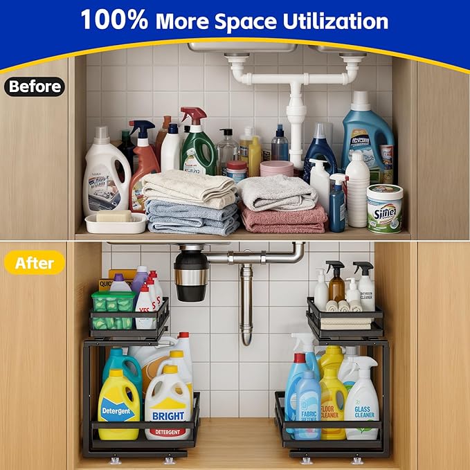 Under Sink Organizer, Dual-Rail Ball-Bearing, Under Kitchen Sink Organizer, 6-Level Adjustable, Under Cabinet Organizer, No-Drill Adhesive/Suction, Under Sink Storage (Black, Double Layer - 2 Pack)