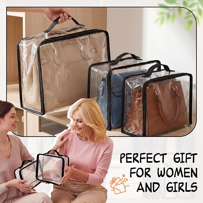 Hsei 8 Pcs Clear Dust Bags For Handbags 4 Sizes Fits Mini Wallet Oversized Tote Bags PVC Waterproof Purse Storage Organizer for Luxury Bag Soft Stand-Up with Zipper Handle for Closet Hanging (Clear)