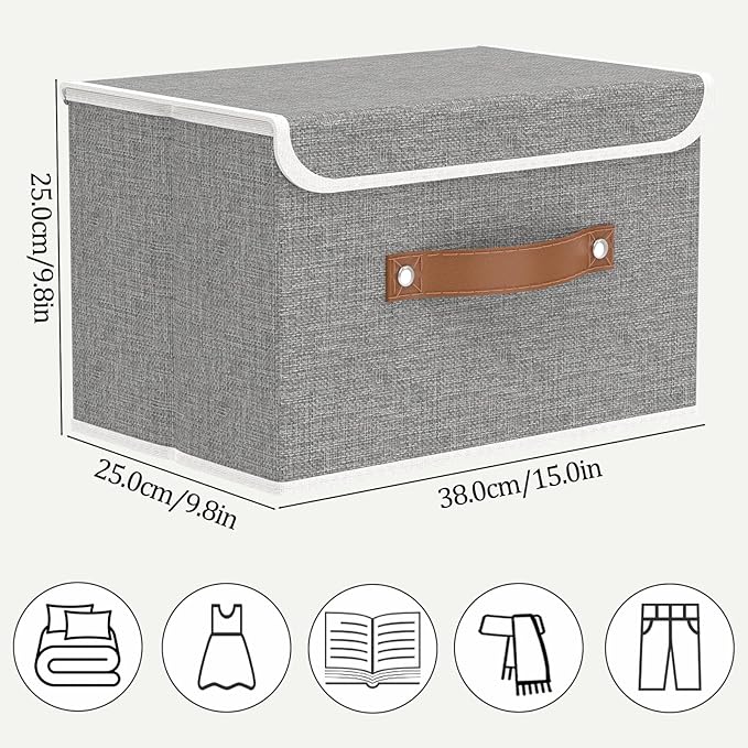 OUTBROS Collapsible Storage Cubes with Lid, Linen Fabric Wardrobe Baskets, Large Box For Towels, Clothes, 15 x 9.8 x 9.8 inch, Grey, 3-Pack