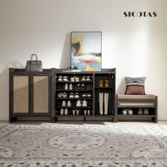 SICOTAS Shoe Storage Cabinet, 30 Pairs Rattan Shoe Cabinet Storage for Entryway, 6-Tier 41" Tall Large Shoe Cabinet, Boho Farmhouse Cabinet with Doors for Entryway Hallway Living Room, Black Oak