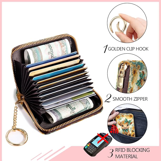 Blusabaca RFID Credit Card Holder Small Women Travel Wallet, Highland Cow | Removable Keychain, Case with Zipper, Vegan PU Leather, Cash Coin Pocket, Business Accordion Purse, Ladies Female Gift